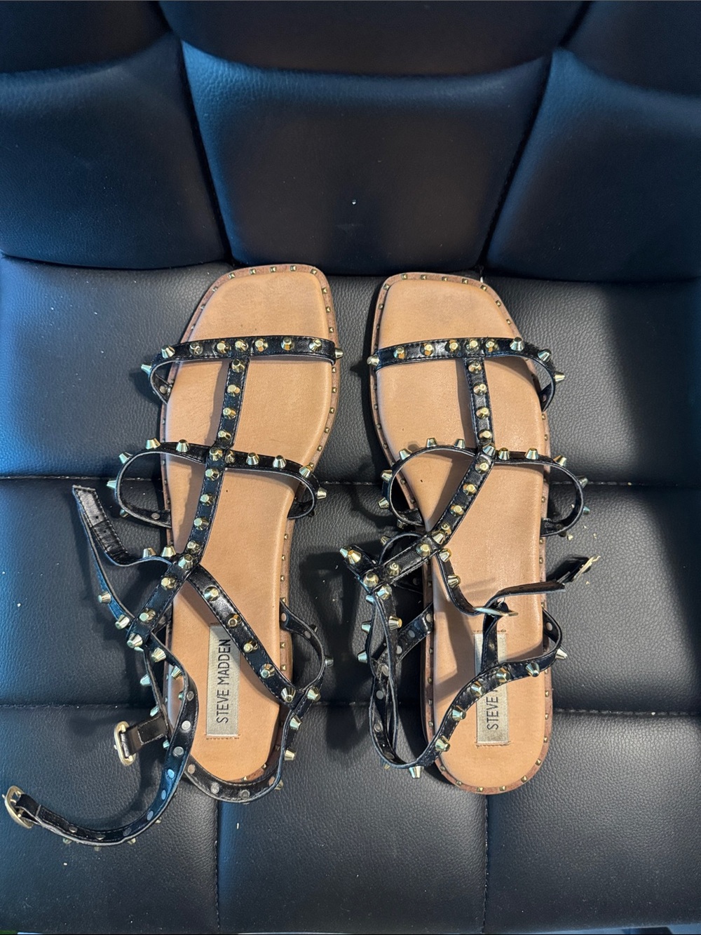 Steve Madden Black Studded Strappy Flat Sandals